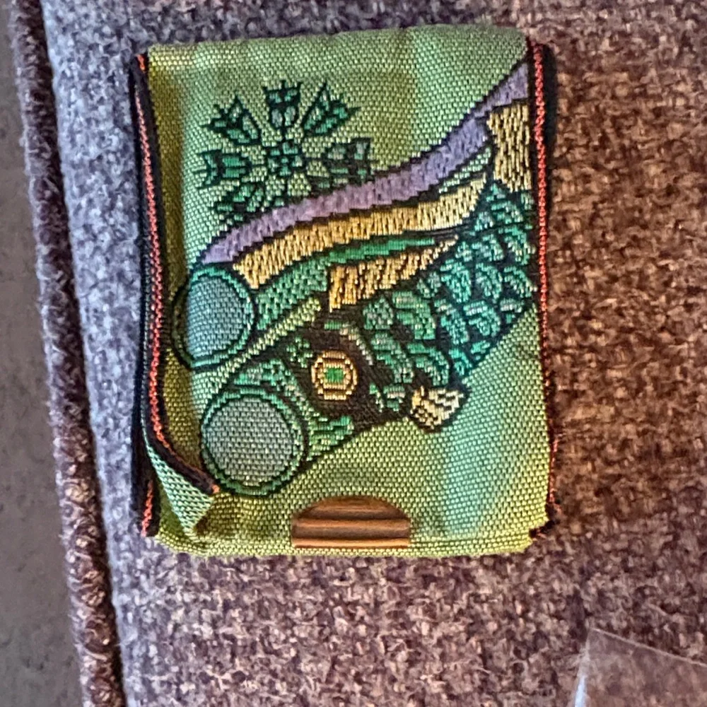 Green Embroidered Fabric Pouch for coins. Made in Japan. Recycled materials.